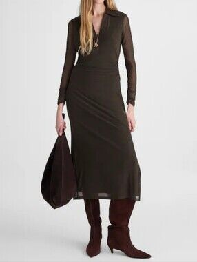 Madewell Long Sleeve Polo Midi Dress Mesh Midnight Olive M NWT